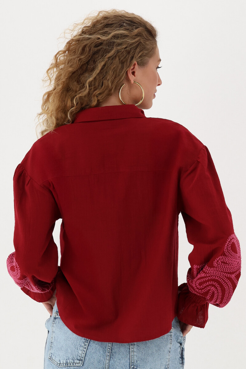 Red blouse with pink embroidery details | My Jewellery