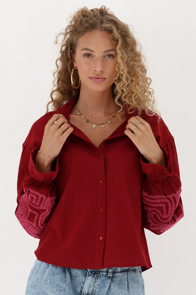 Red blouse with pink embroidery details | My Jewellery