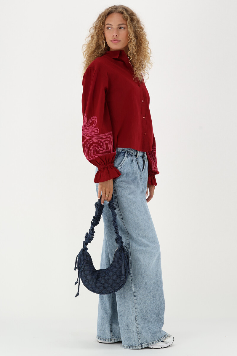 Red blouse with pink embroidery details | My Jewellery