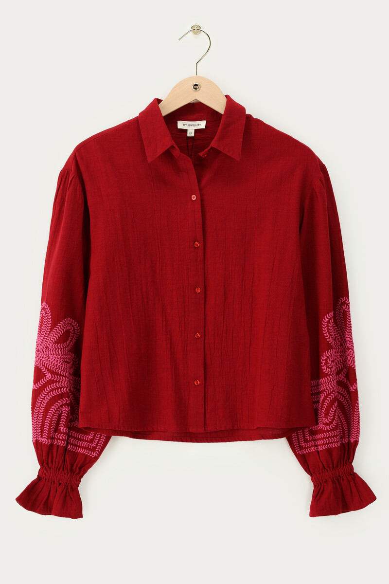 Red blouse with pink embroidery details | My Jewellery