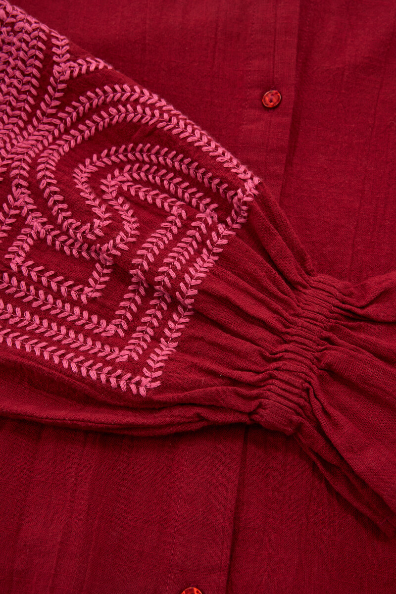 Red blouse with pink embroidery details | My Jewellery