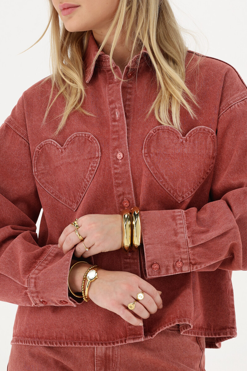 Red denim blouse with heart pockets | My Jewellery