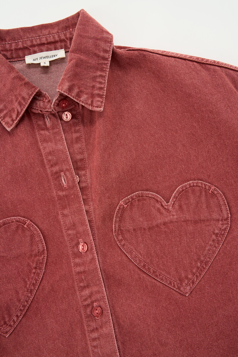 Red denim blouse with heart pockets | My Jewellery