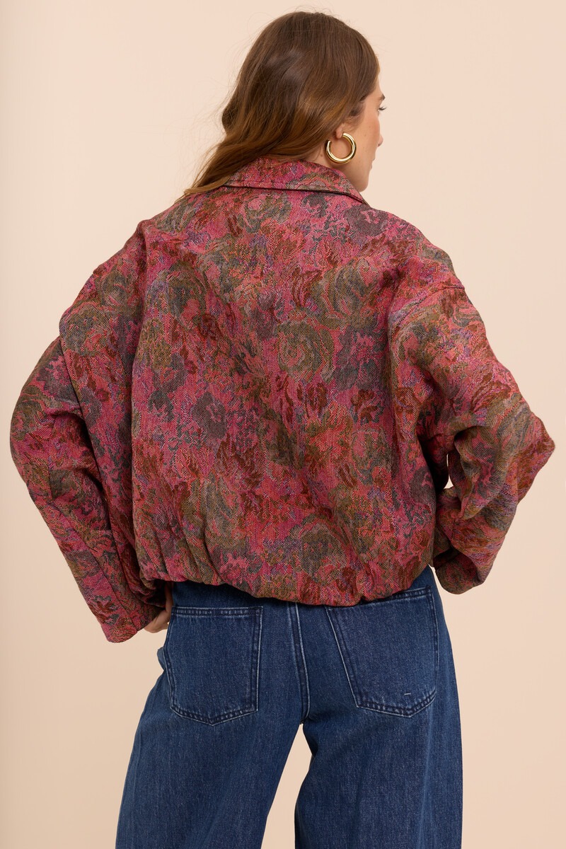Red jacquard bomber jacket with floral print | My Jewellery