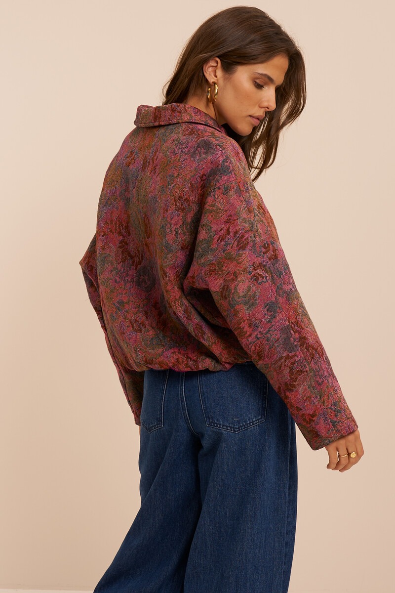 Red jacquard bomber jacket with floral print | My Jewellery