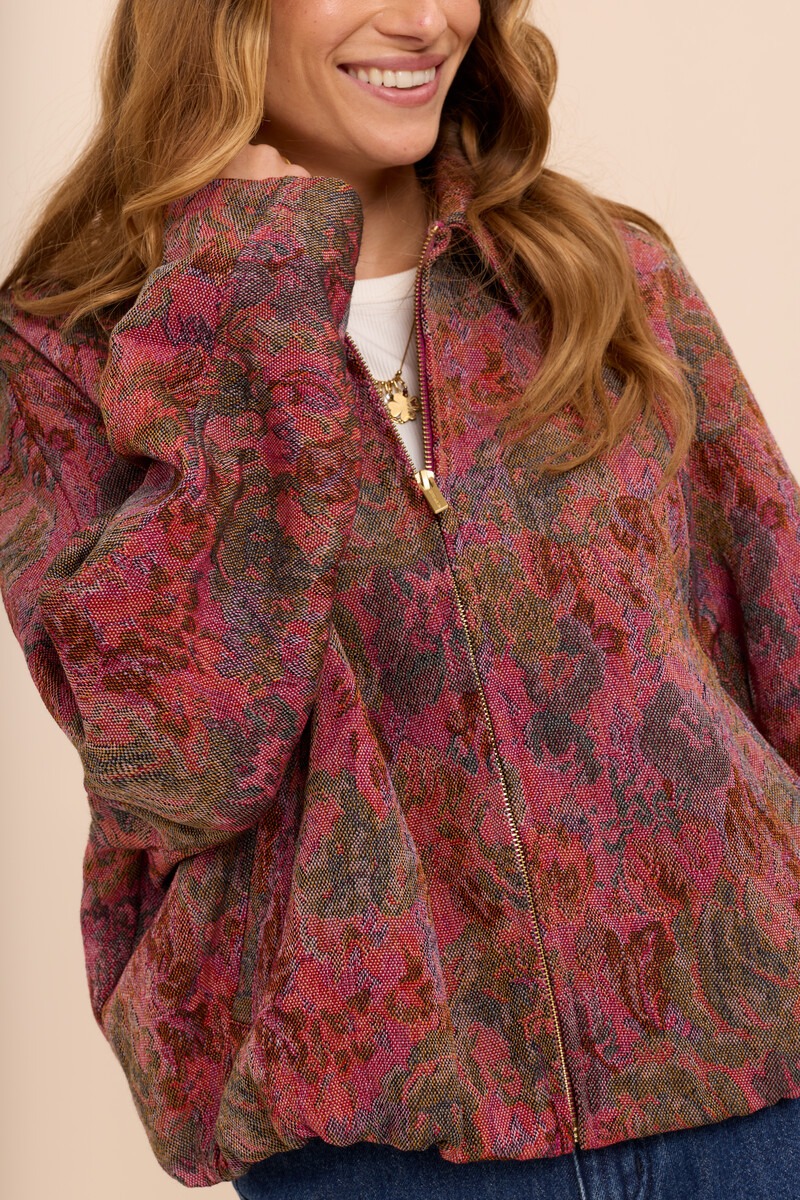 Red jacquard bomber jacket with floral print | My Jewellery