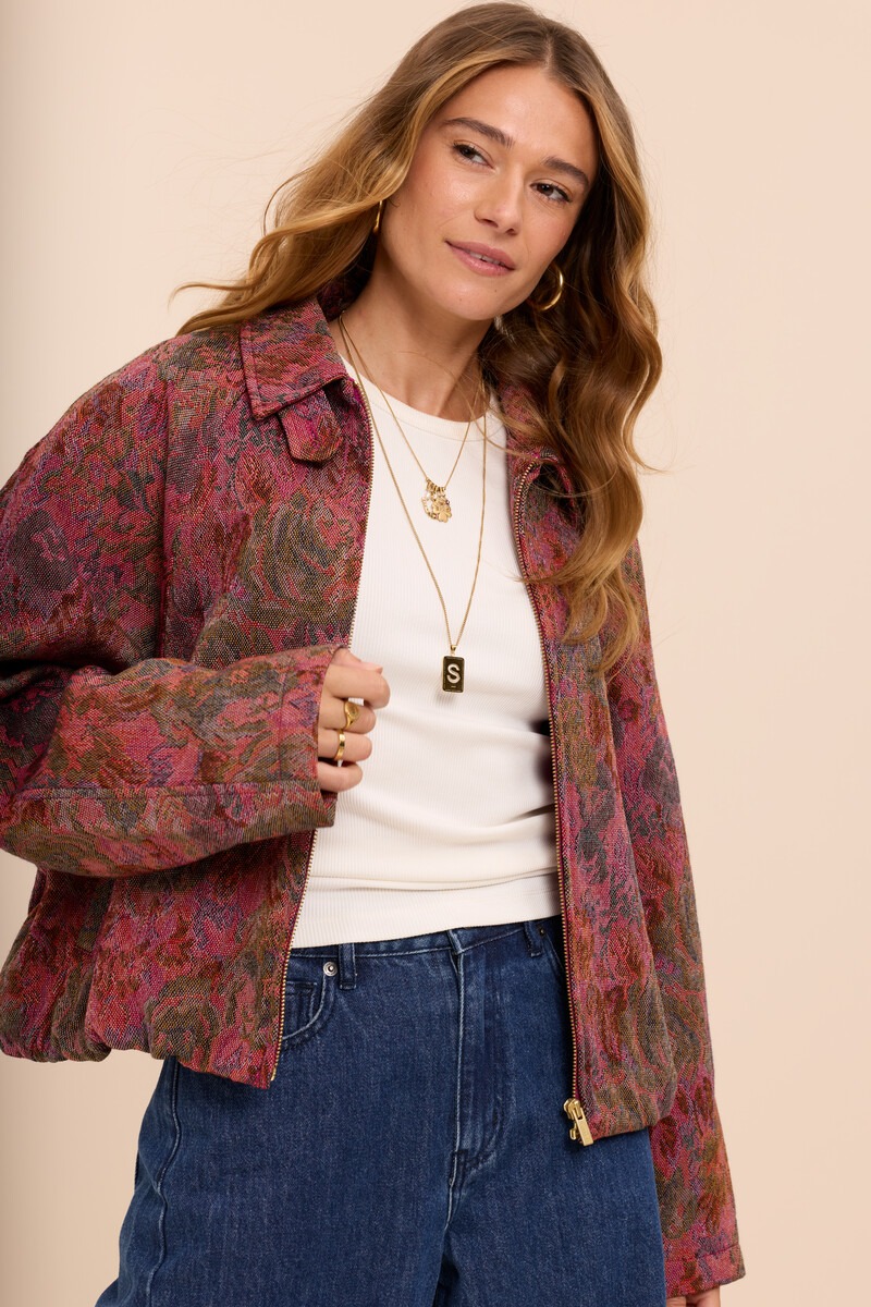 Red jacquard bomber jacket with floral print | My Jewellery
