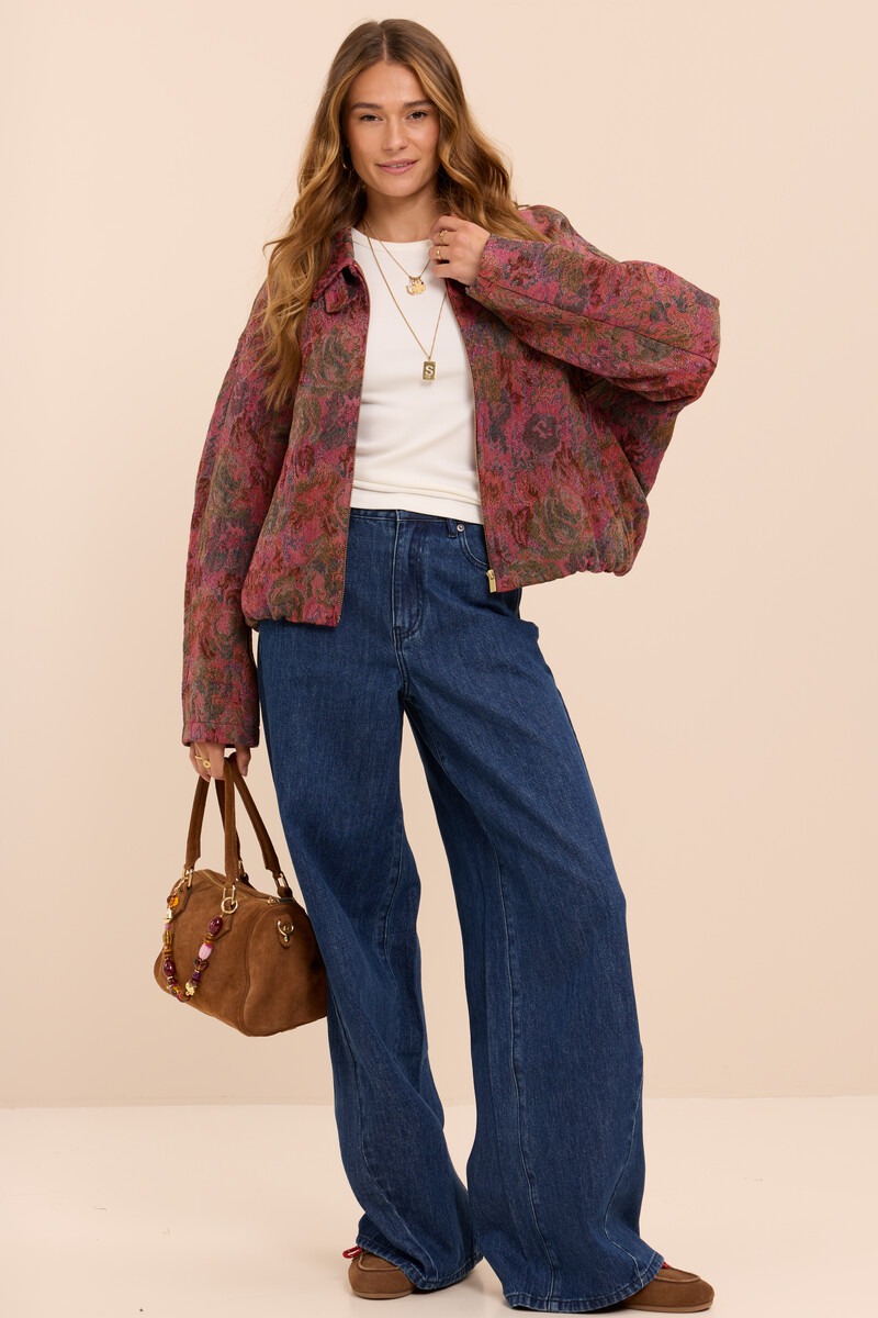 Red jacquard bomber jacket with floral print | My Jewellery