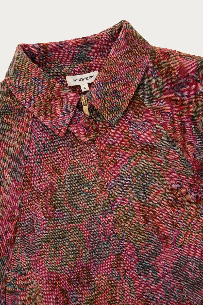Red jacquard bomber jacket with floral print | My Jewellery