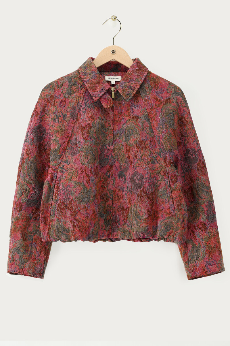 Red jacquard bomber jacket with floral print | My Jewellery