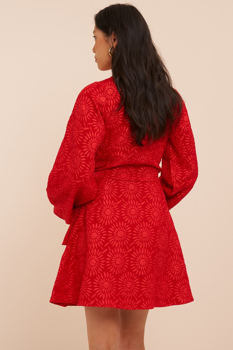 Red jacquard dress with sunflowers | My Jewellery