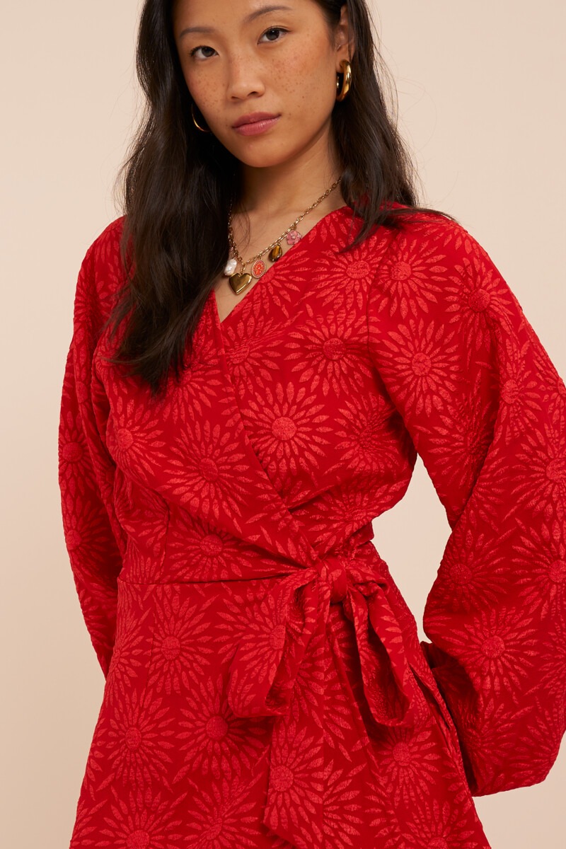 Red jacquard dress with sunflowers | My Jewellery
