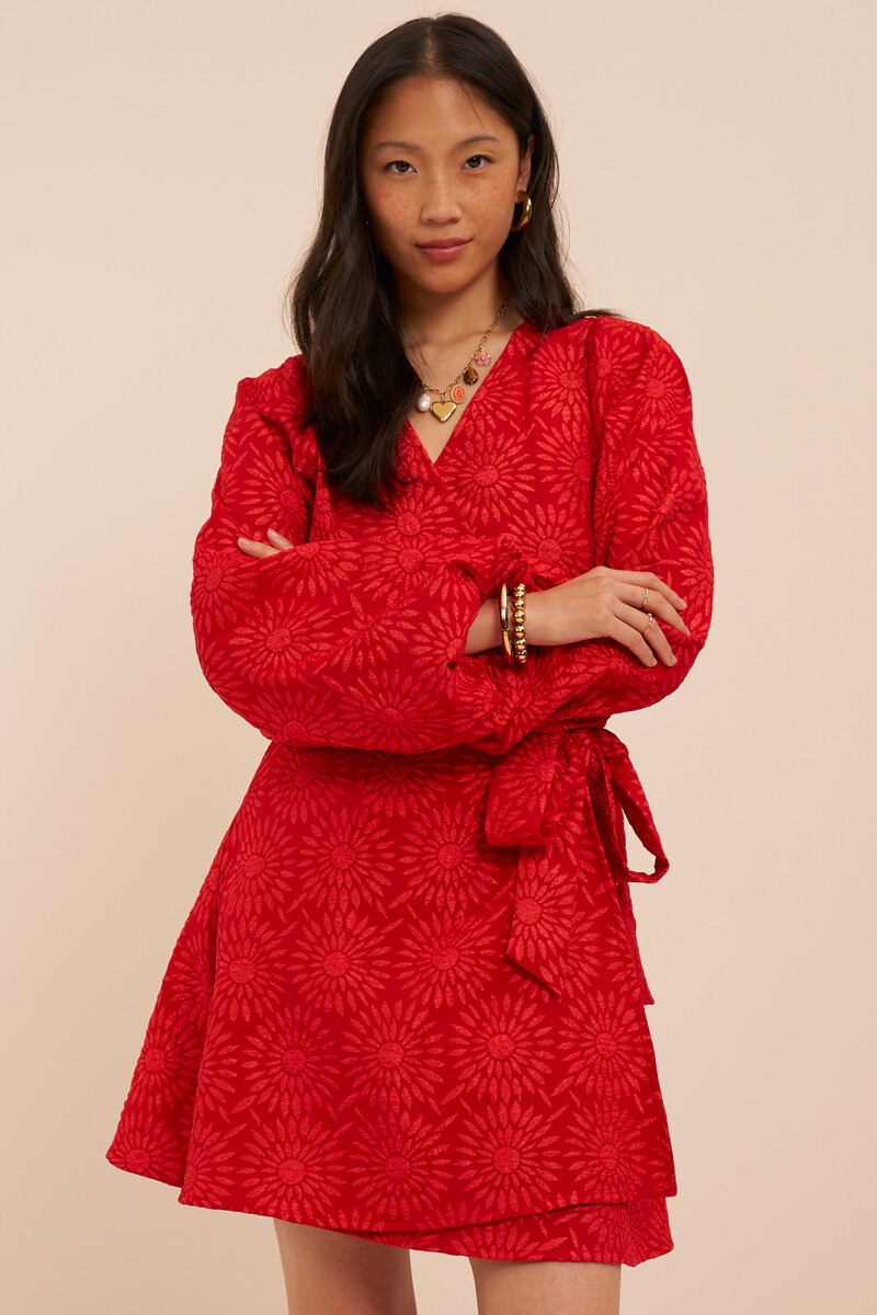 Red jacquard dress with sunflowers | My Jewellery