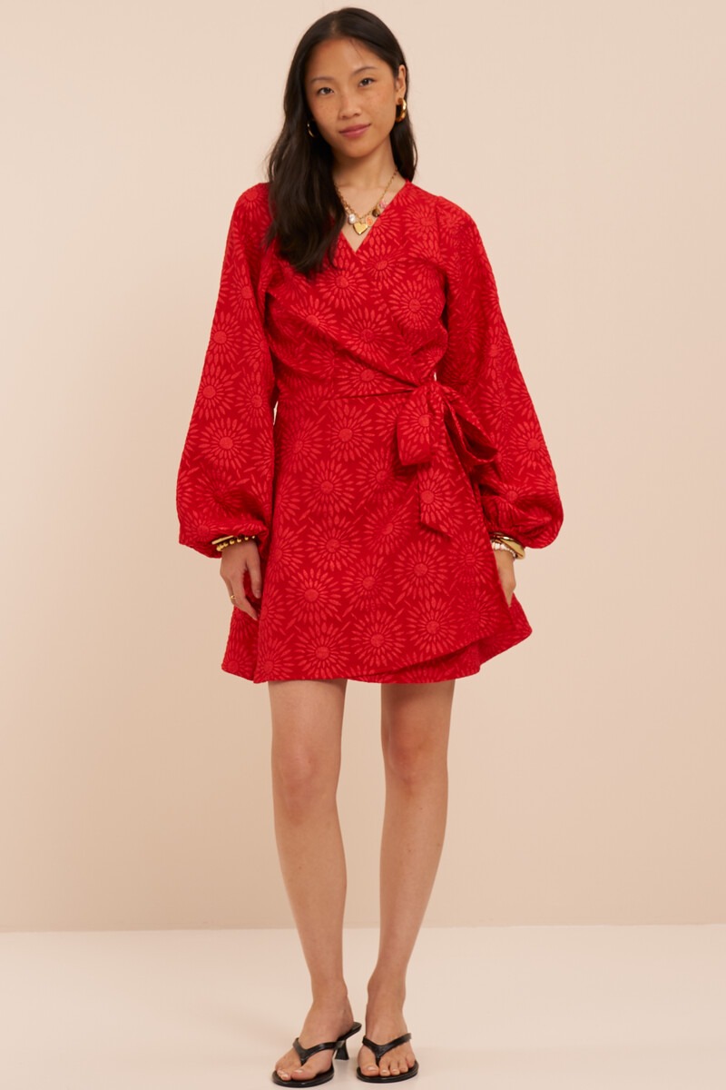 Red jacquard dress with sunflowers | My Jewellery