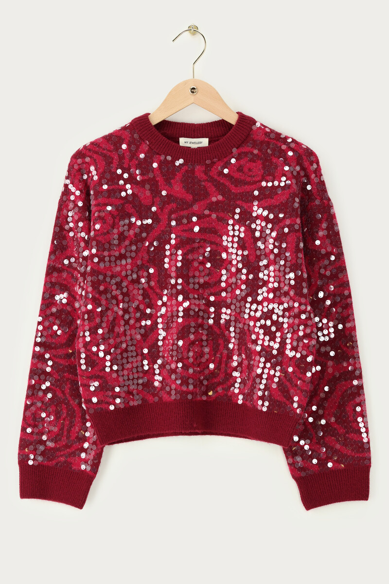 Red jacquard sweater with sequins | My Jewellery