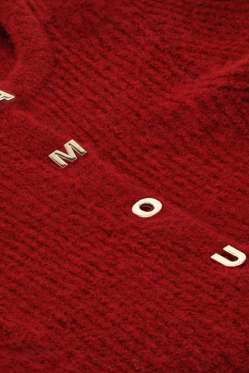 Red knitted cardigan with l'amour buttons | My Jewellery