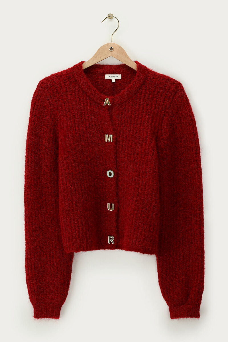 Red knitted cardigan with l'amour buttons | My Jewellery