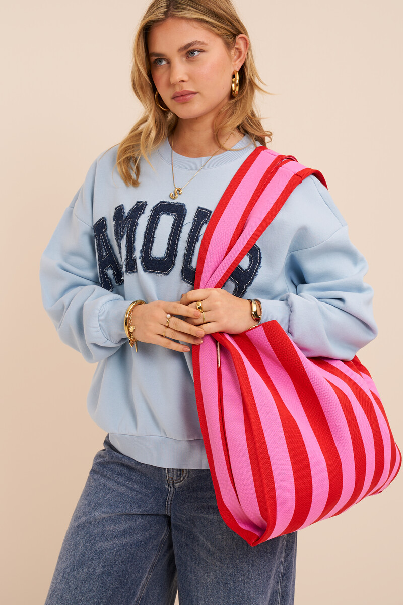 Red large tote bag with pink stripes