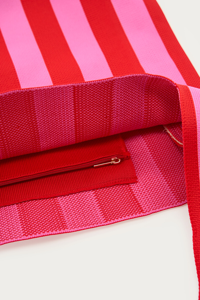 Red large tote bag with pink stripes