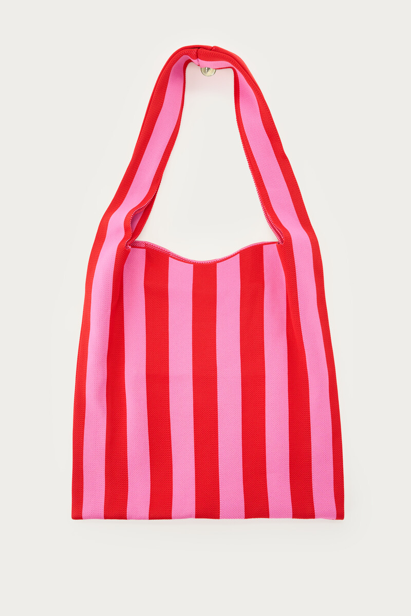 Red large tote bag with pink stripes