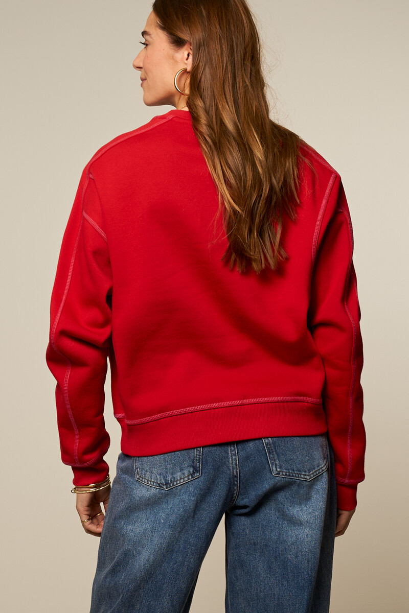 Red sweater with contrast stitching | My Jewellery