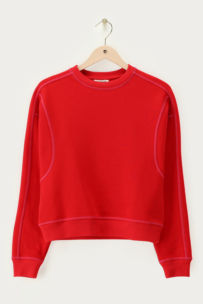 Red sweater with contrast stitching | My Jewellery