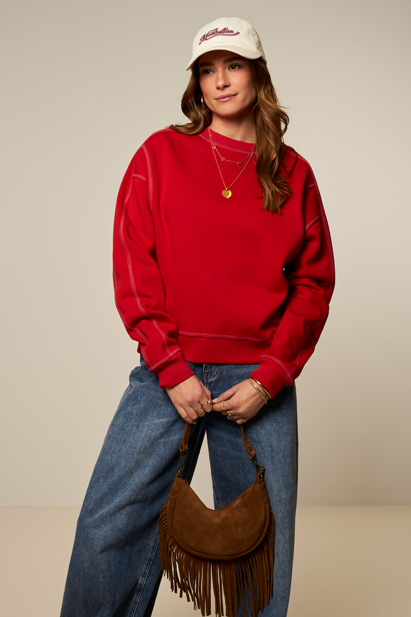 Red sweater with contrast stitching | My Jewellery