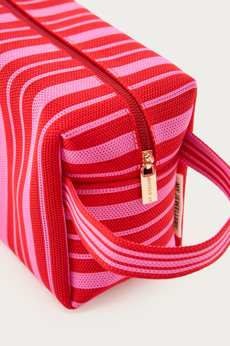 Red toiletry bag with pink stripes | My Jewellery
