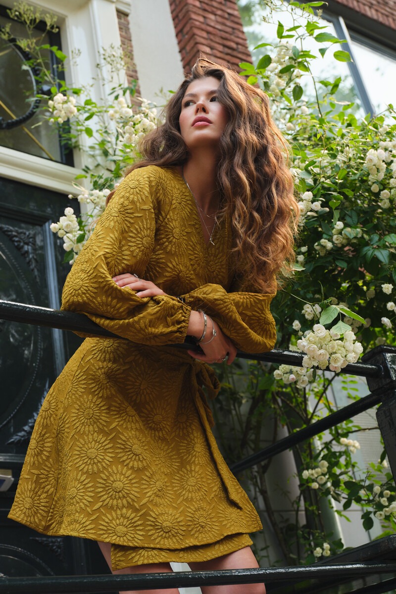 Green jacquard dress with sunflowers | My Jewellery