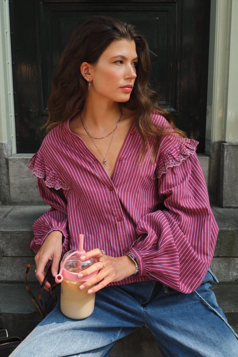 Dark red blouse with stripes and embroidery | My Jewellery