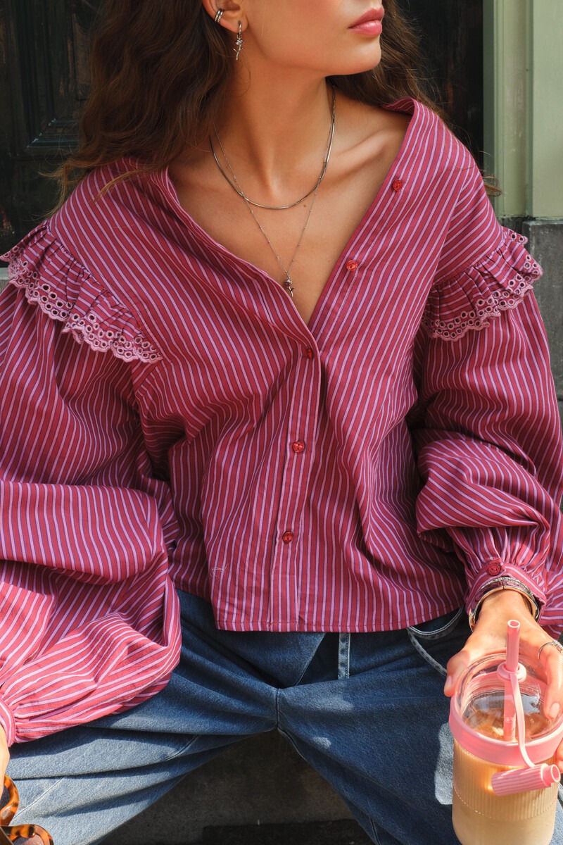Dark red blouse with stripes and embroidery | My Jewellery