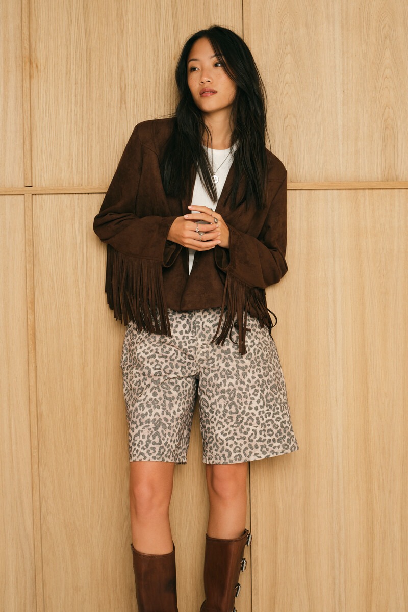Brown denim jorts with leopard print | My Jewellery