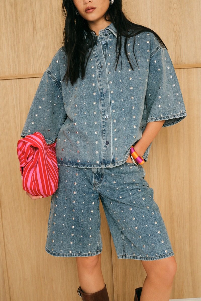 Blue oversized short denim blouse with studs | My Jewellery