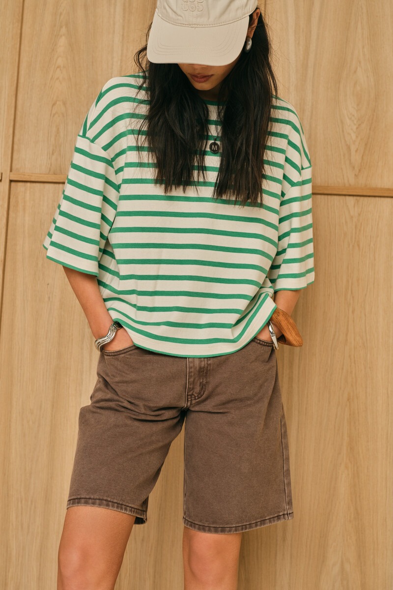 Green boxy T-shirt with white stripes | My Jewellery