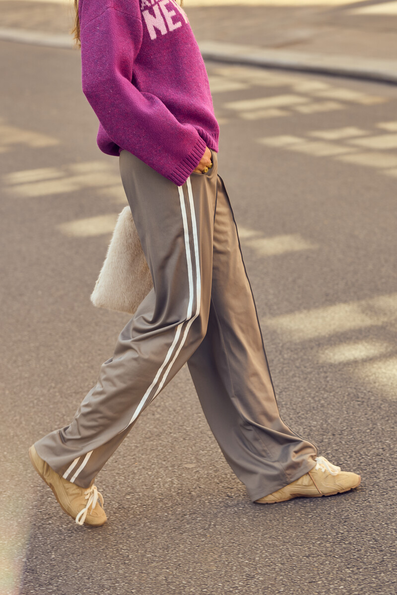 Grey wide leg jogger trousers with stripes | My Jewellery