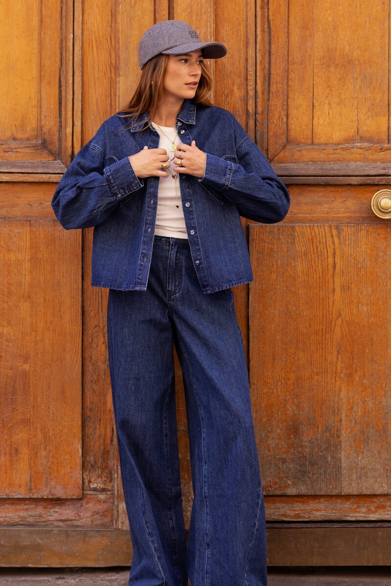Dark blue wide leg jeans with seam detail and pockets | My Jewellery