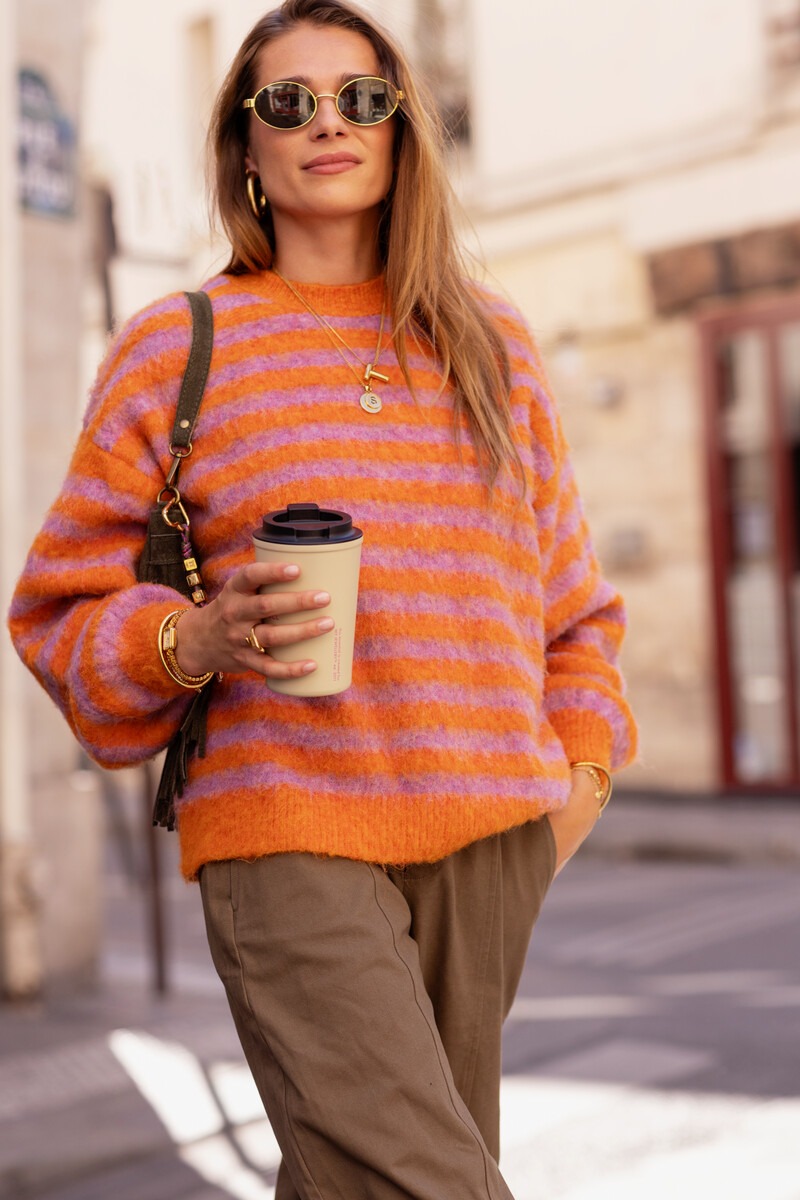 Orange brushed sweater with lilac stripes | My Jewellery
