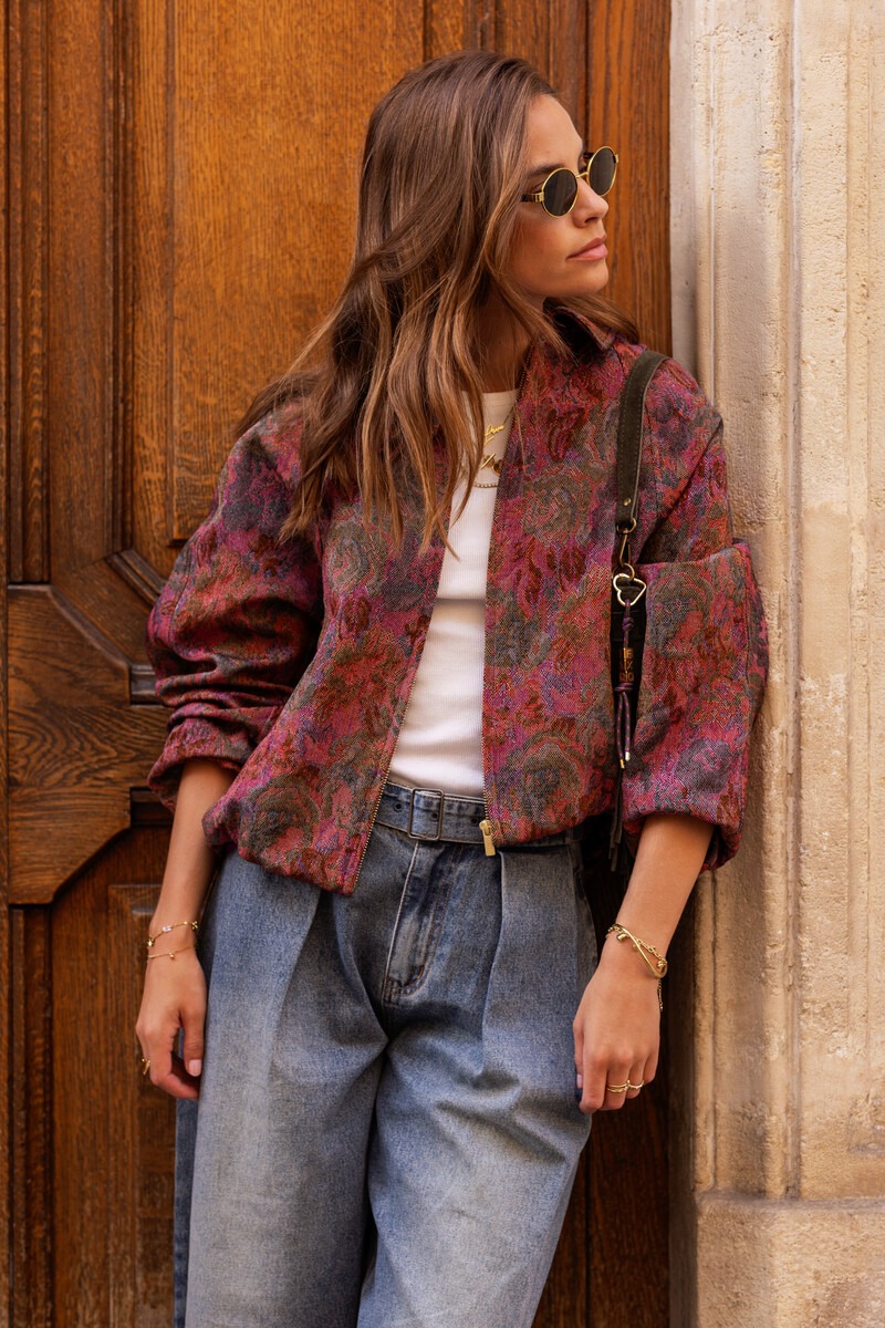 Red jacquard bomber jacket with floral print | My Jewellery
