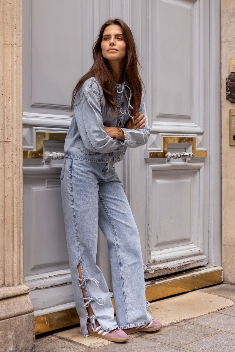Light blue denim jacket with bows | My Jewellery