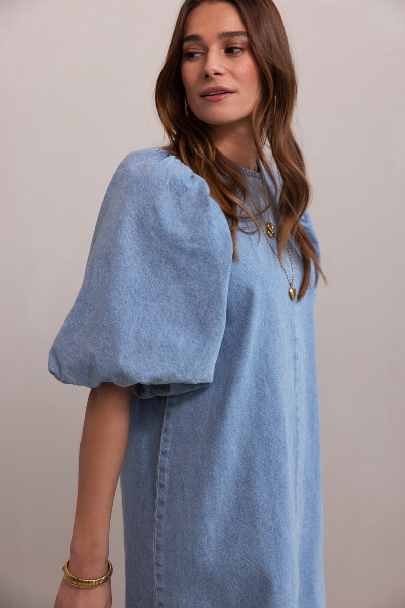 Blue denim dress with short puff sleeves | My Jewellery
