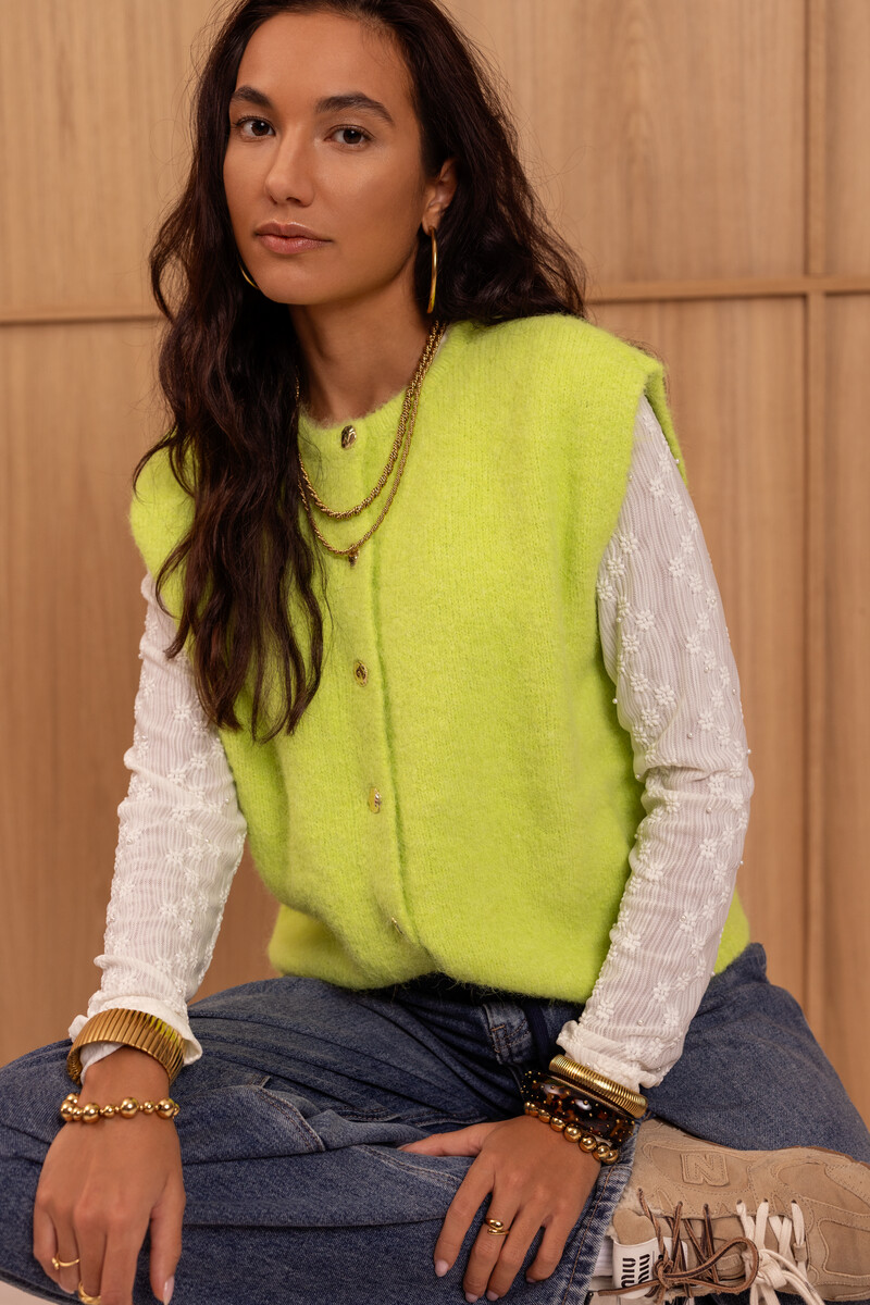 Lime green gilet with fancy buttons | My Jewellery