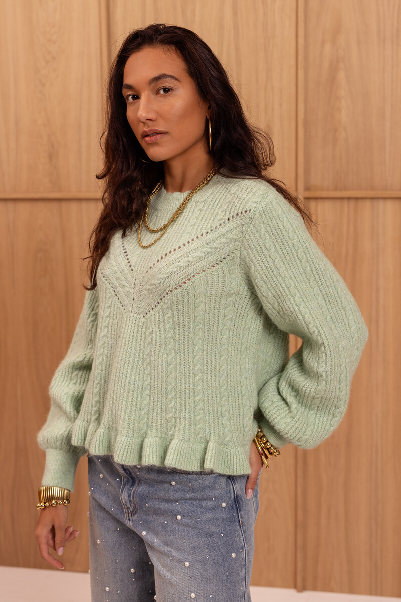 Turquoise cable sweater with scalloped edge | My Jewellery