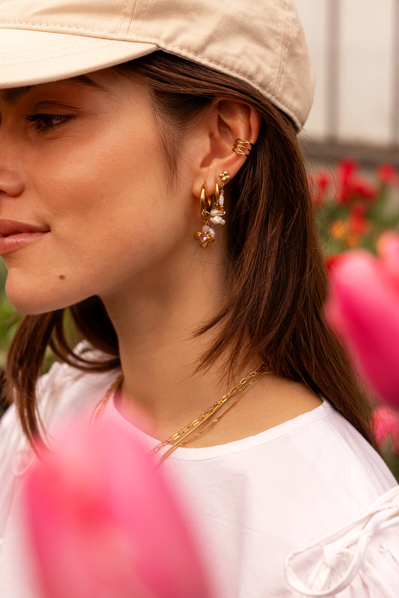 Botanical statement hoop earrings with flower and pink rhinestone | My Jewellery