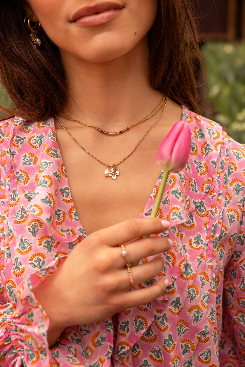 Botanical necklace with flower and pink rhinestone | My Jewellery