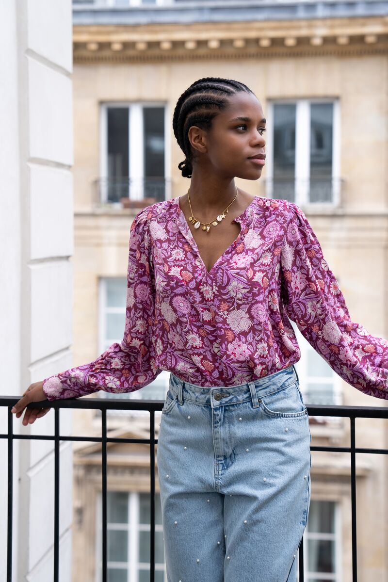 Purple blouse with pink floral print | My Jewellery