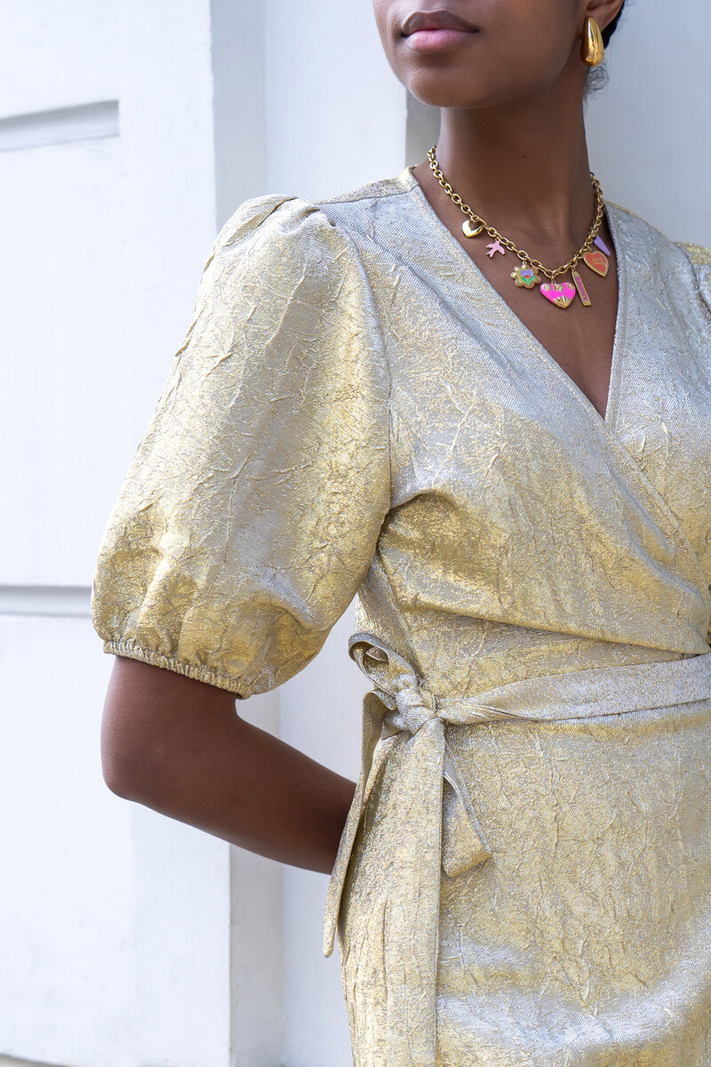 Gold wrap dress with puff sleeves | My Jewellery