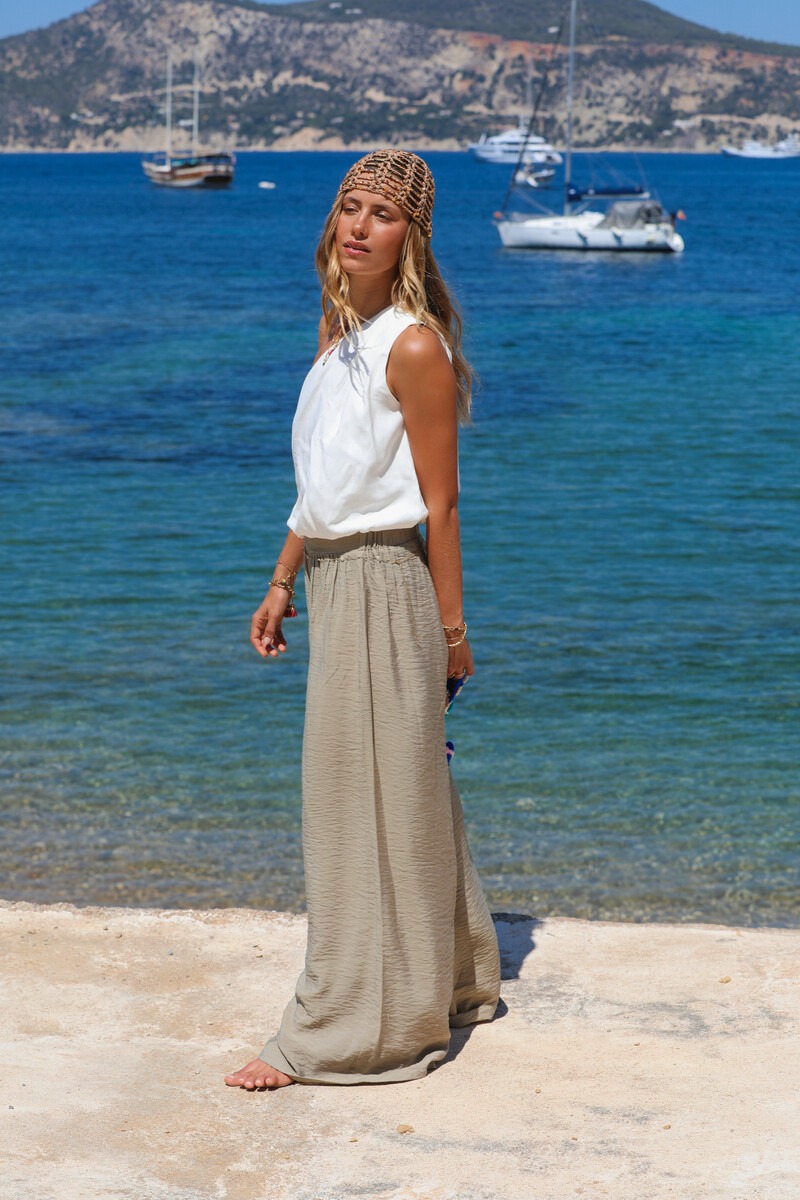 Green basic wide leg trousers with elastic band | My Jewellery