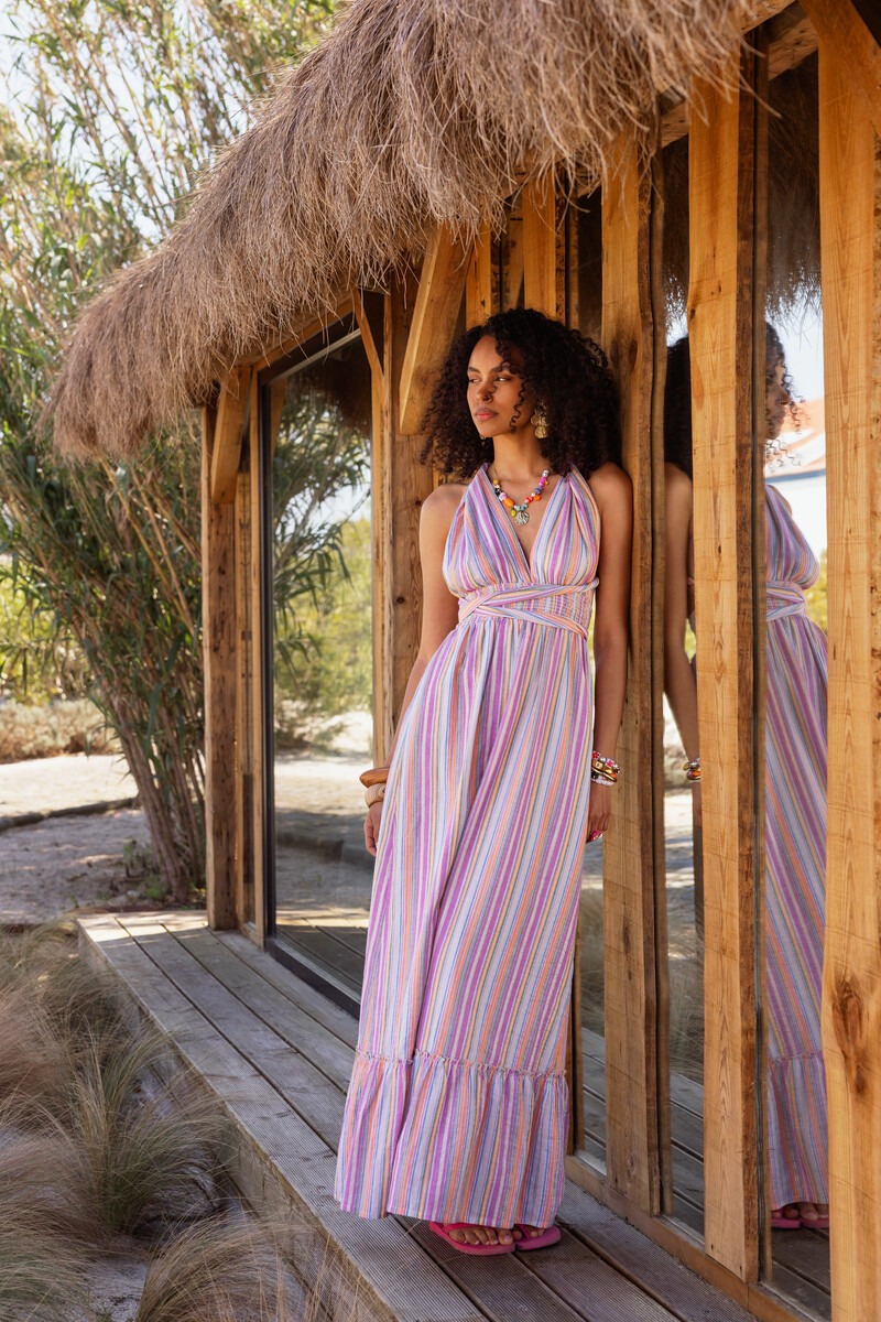 Mehrfarbiges langes Multiway-Kleid mit Streifen