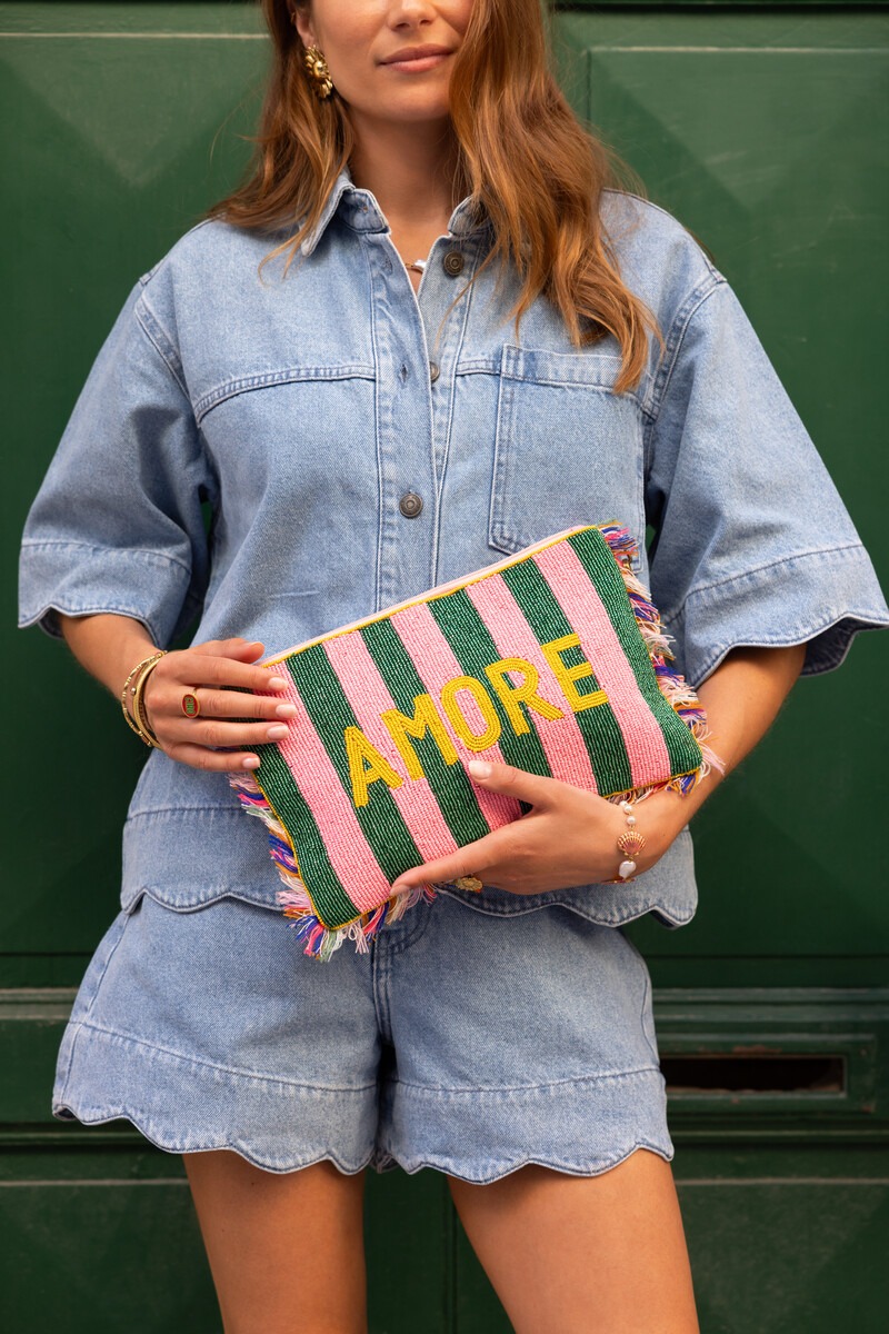 Pink beaded clutch with green stripes ''Amore'' | My Jewellery