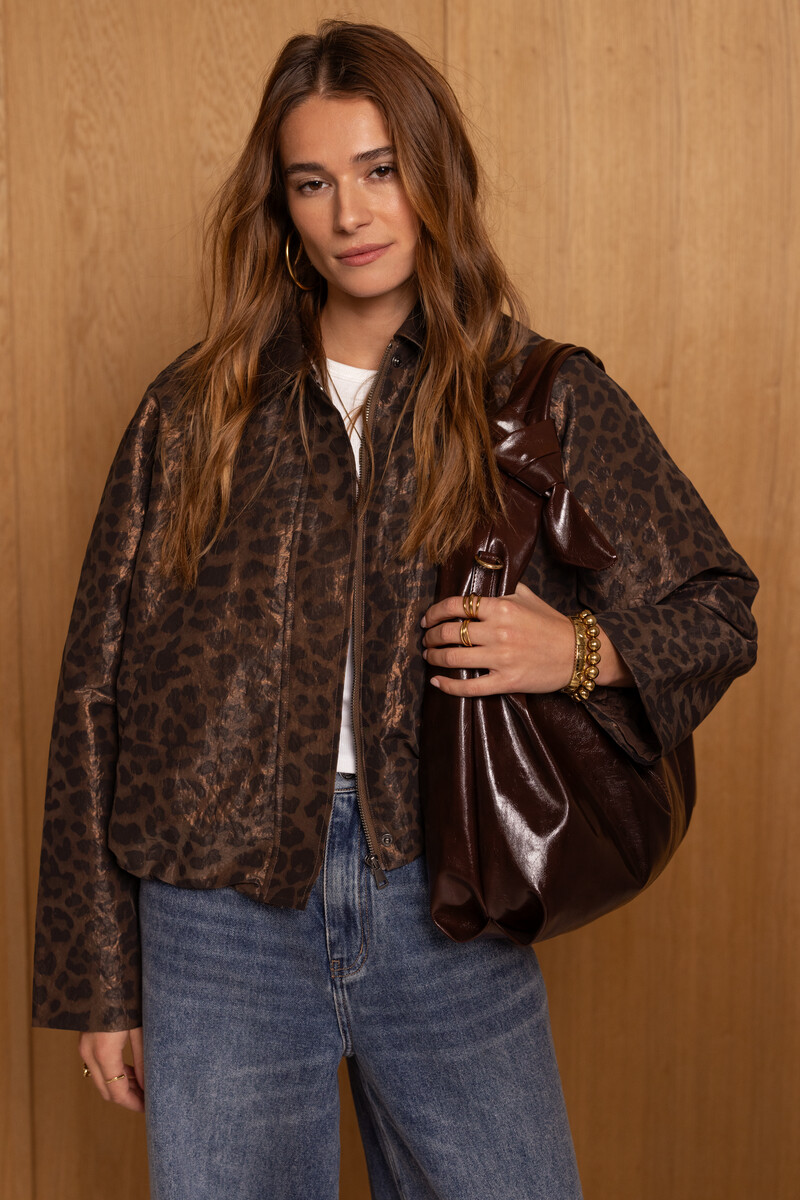 Brown leopard print bomber with PU collar | My Jewellery
